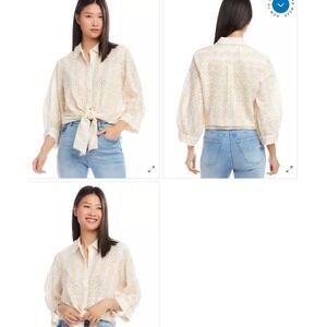 Karen Kane $128 Eyelet Tie-Front Button-Down 3/4 Sleeve‎ Blouse White Yellow LP